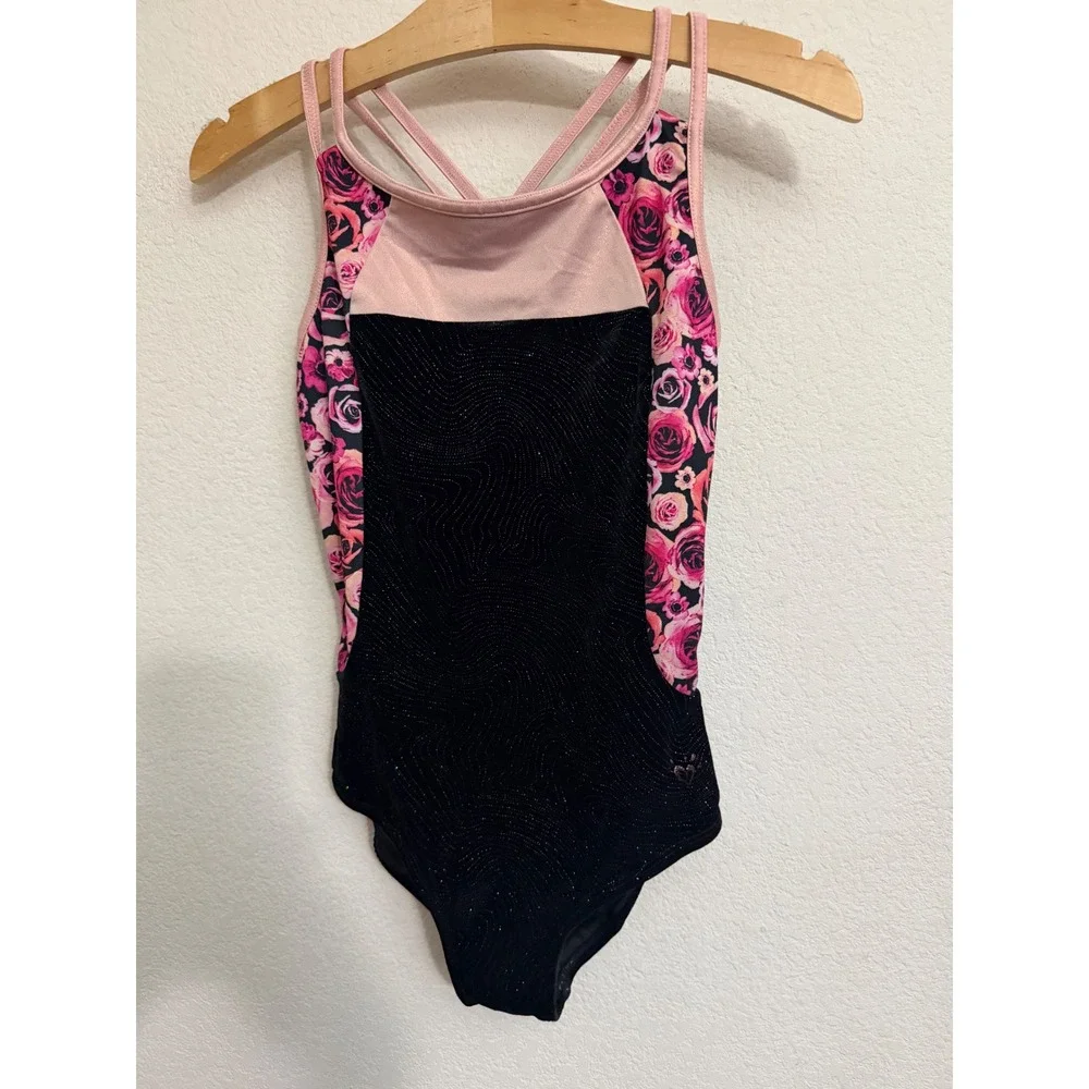 Justice Active Girls Black Velvet Floral Glitter Gymnastics Leotard Size 14